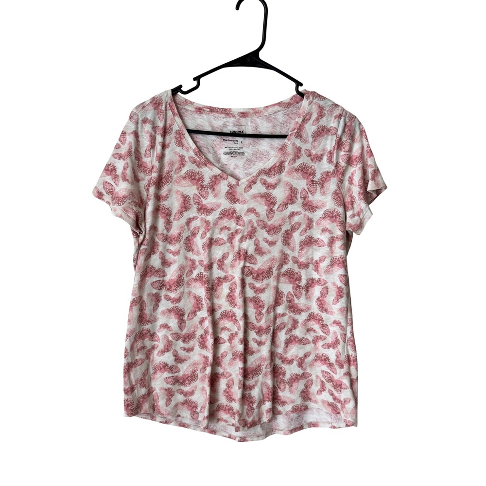 Sonoma Goods For Life The Everyday Tee Pink Butterfly Print V-Neck Shirt Large